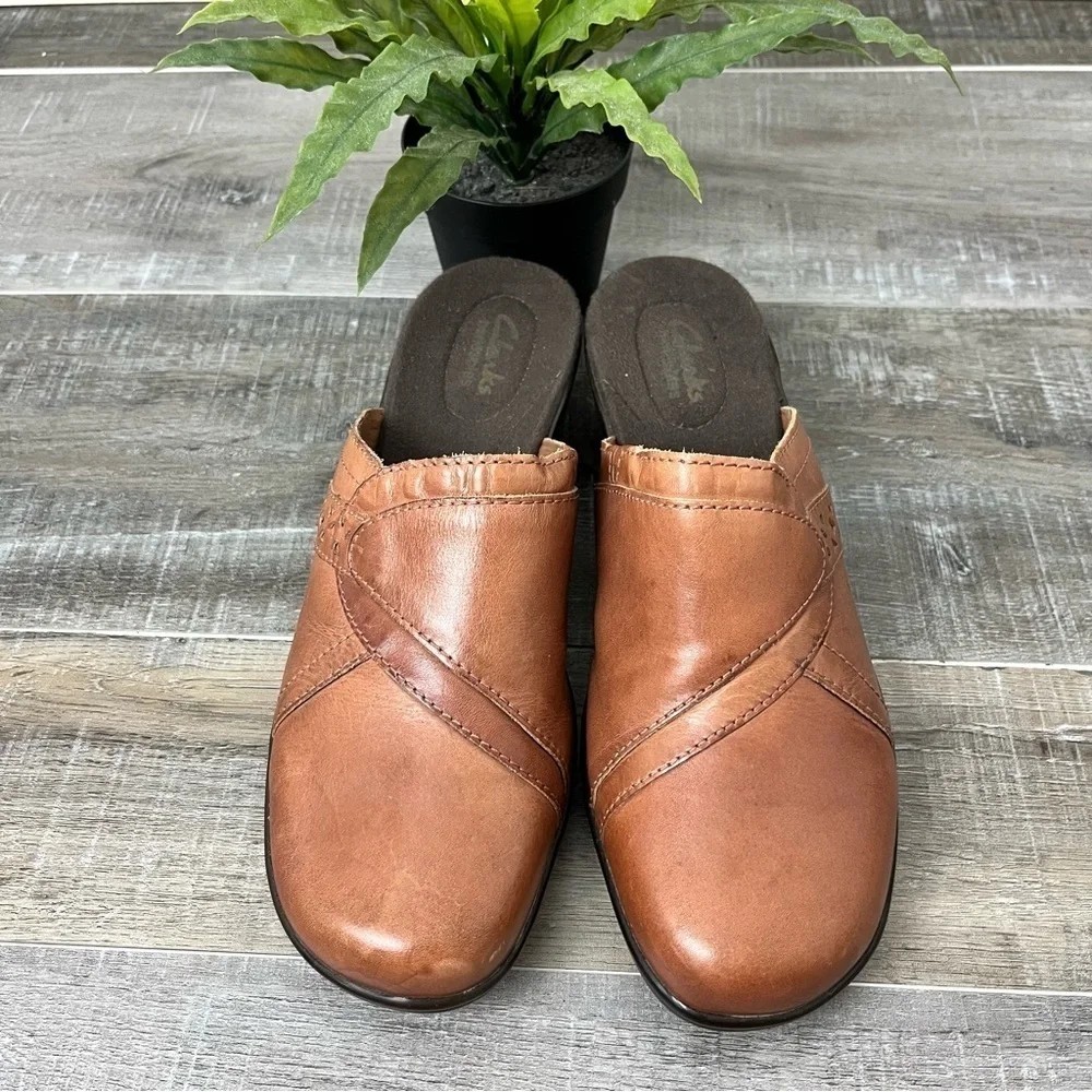 Clarks Bendables Brown Leather Slide Mules Size 8.5 Women’s - Picture 5 of 10